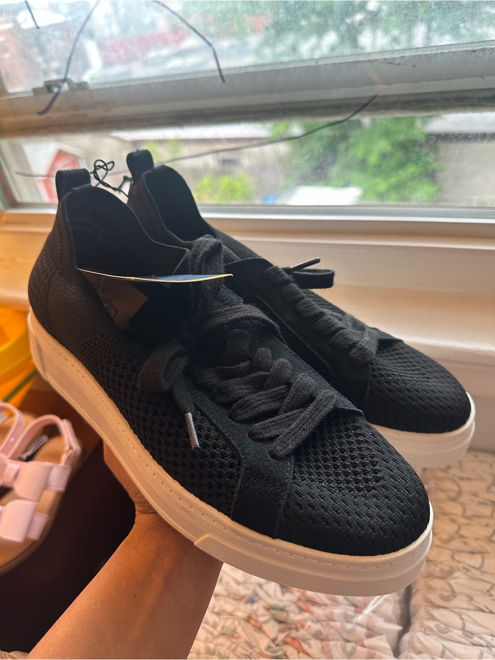 Women’s.  Black Knit Lace-Up Sneakers with White Sole size 8